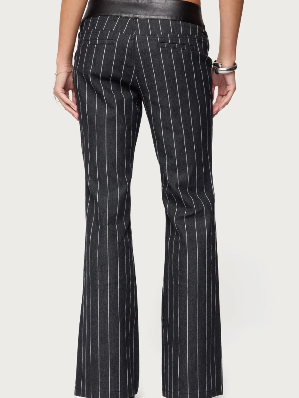 Edikted Pinstripe & Faux Leather Low Rise Flared Jeans - Size S - Picture 2 of 9